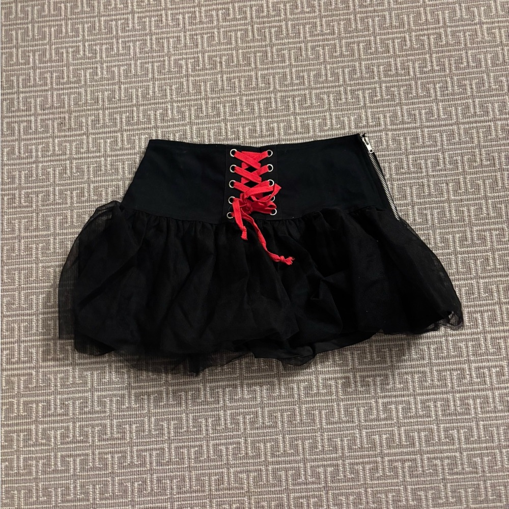 Brand New Without Tag Dollskill Widow Black Skirt with Red Lace-Up Detail
